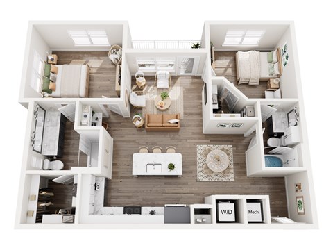 Floor plan for 2 beds, 2 baths, 1133 sqft
